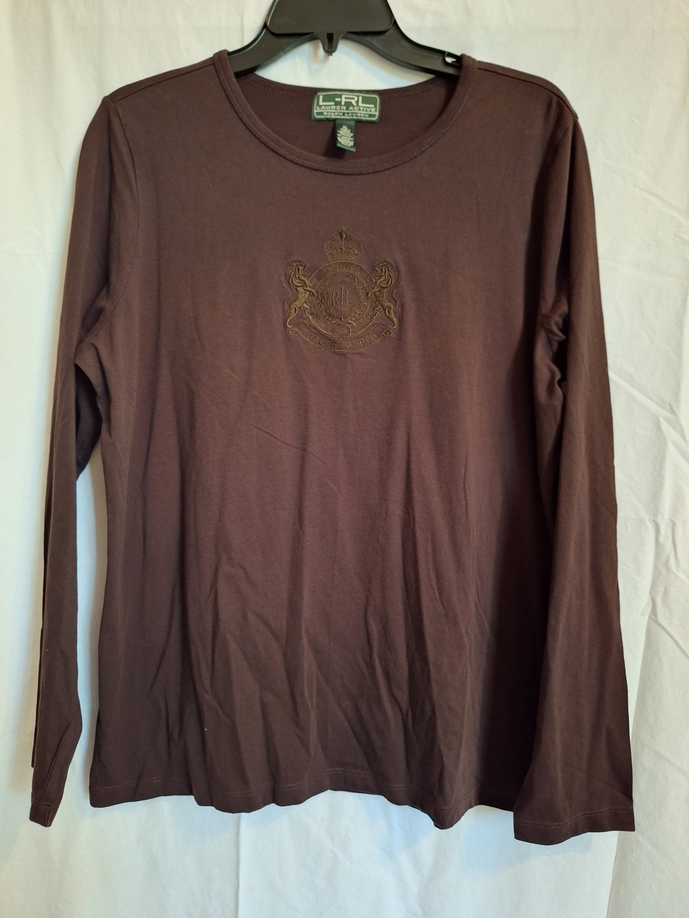 Lauren Ralph Lauren Active Womens Long Sleeve Crest Logo T-Shirt Brown Sz XL